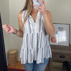 Anthropologie White and Blue Striped Ruffle Blouse